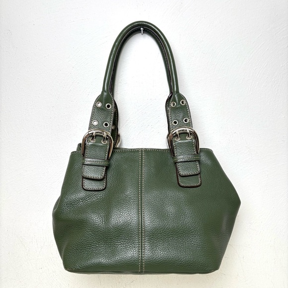 Tignanello Handbags - TIGNANELLO Dark Green Leather Satchel Silver Buckles Y2K